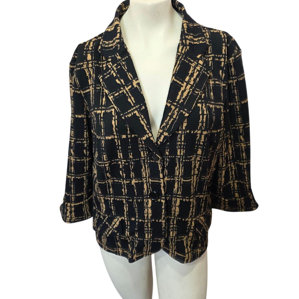 Courtenay XL Textured Plaid Blazer Jacket Black Tan 3/4 Sleeve Career